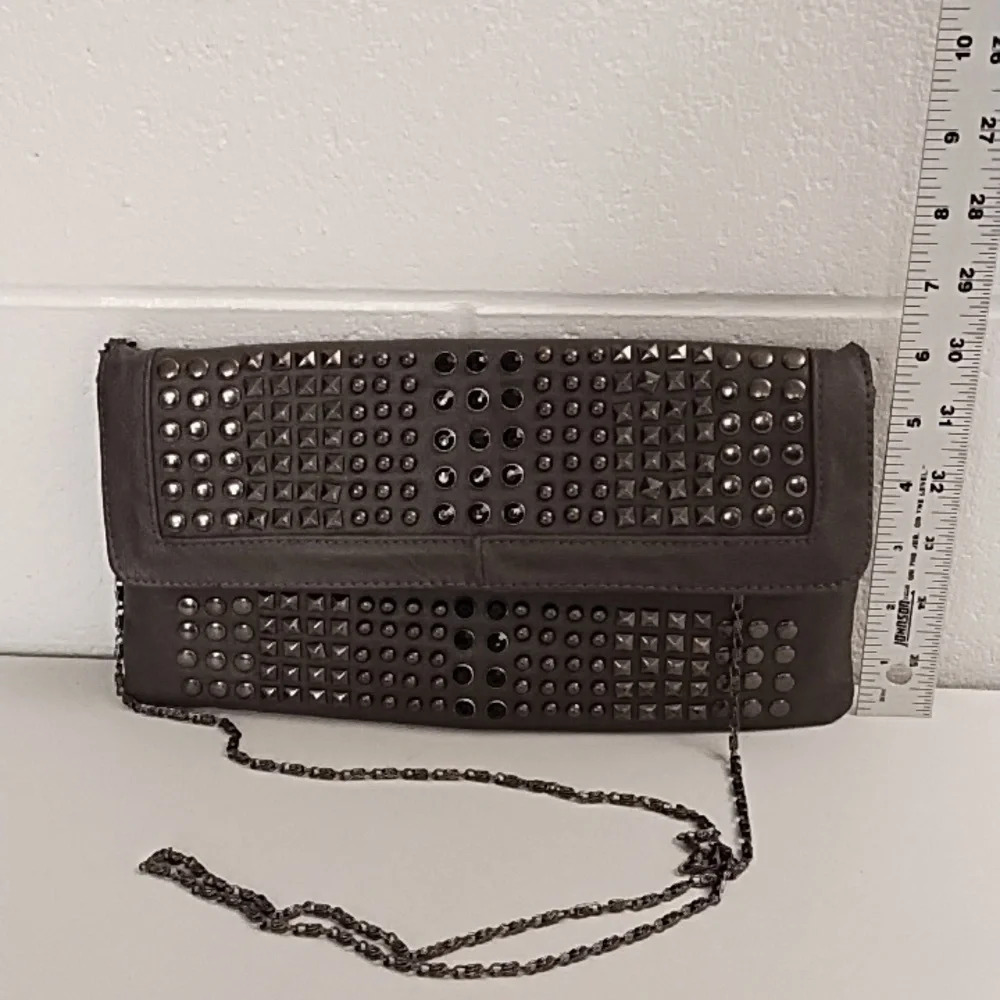 Gray Clutch Crossbody bag Gunmetal Studs Black Faceted Stones Removable Chain - Picture 10 of 11